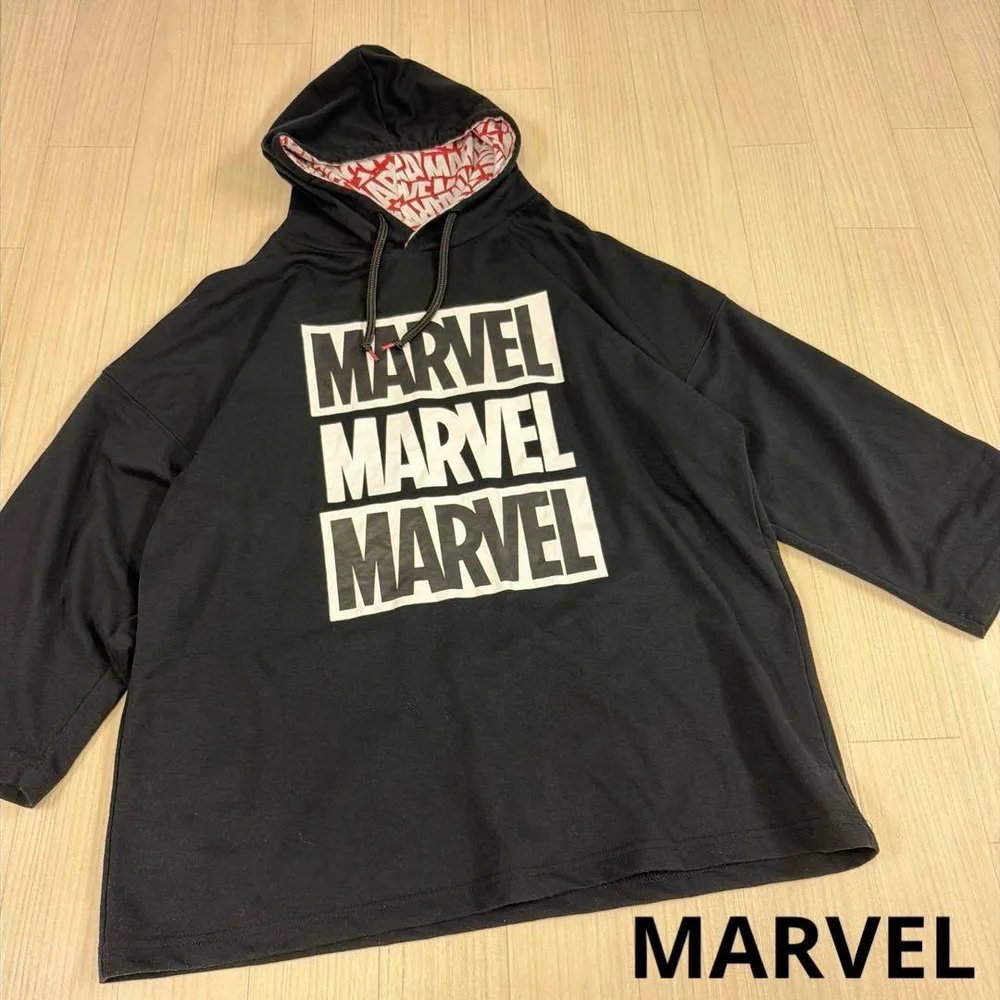 MARVEL ロゴプリント パーカー ブラック 七分袖