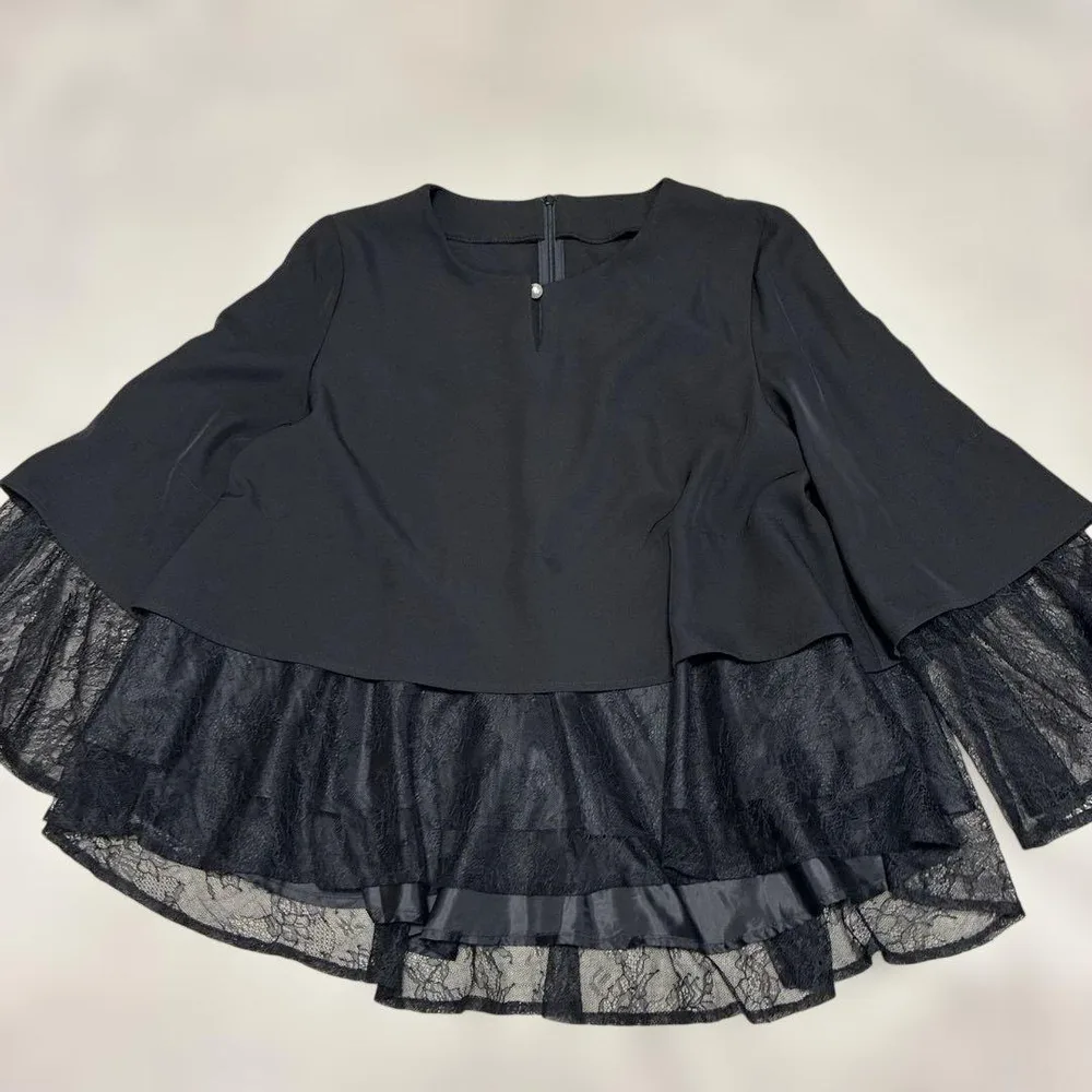 RUIRUE boutiqueブラック レース ぺプラムブラウスL L胸元パール