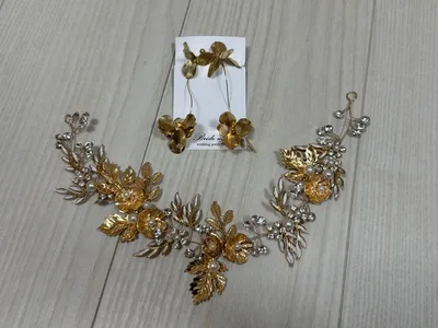 ウェディング ヘッドドレス イヤリング セット ゴールド系