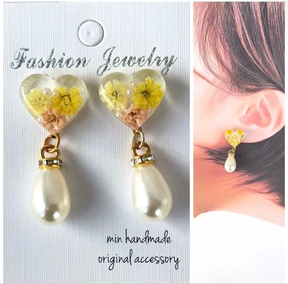 フラワー レジン ピアス ハート ハンドメイド イヤリング変更可