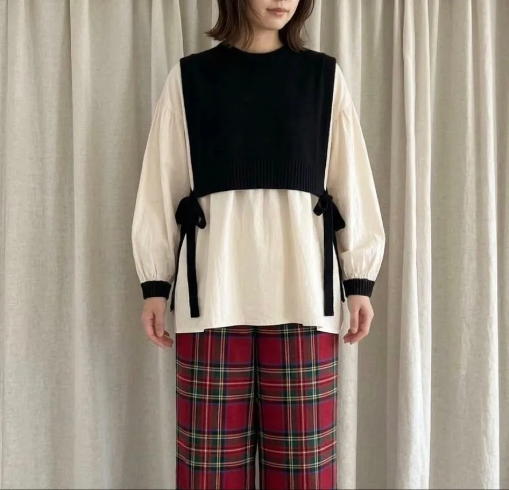 ベストのみ サイドリボン ニットベスト ブラック