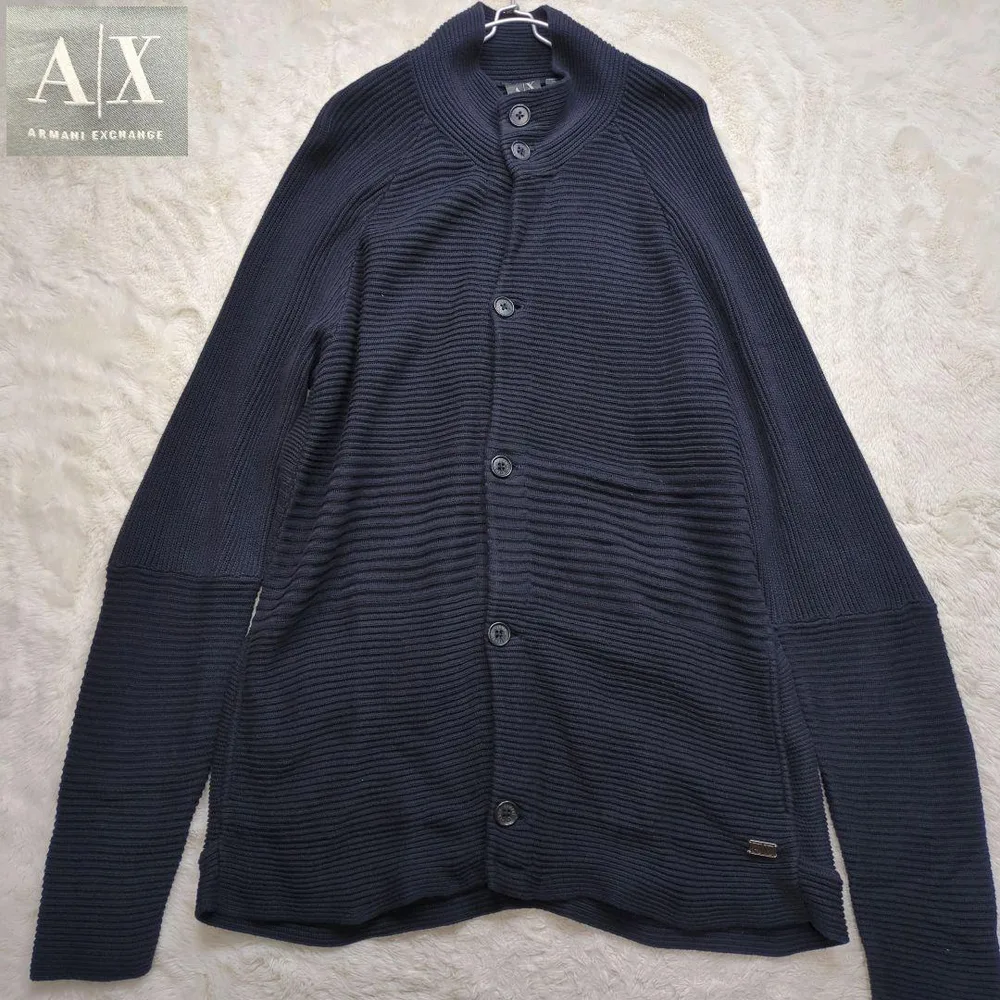 美品 アルマーニ ロングカーディガン ニット メタルロゴプレート ネイビー 3L