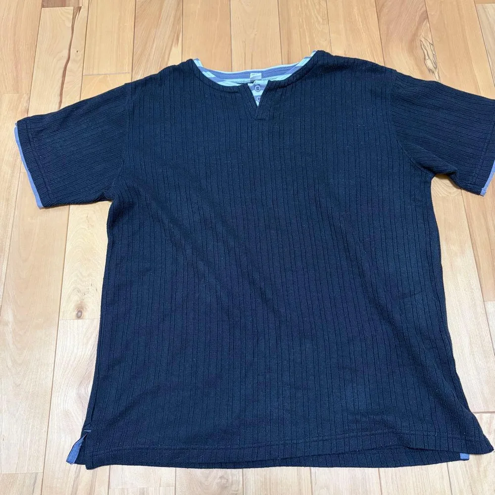メンズ リブニット風 ヘンリーネック 半袖 Tシャツ 重ね着風 ブラック L