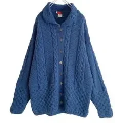 海外古着 アラン編み 縄編み ケーブルニット カーディガン メリノウール L