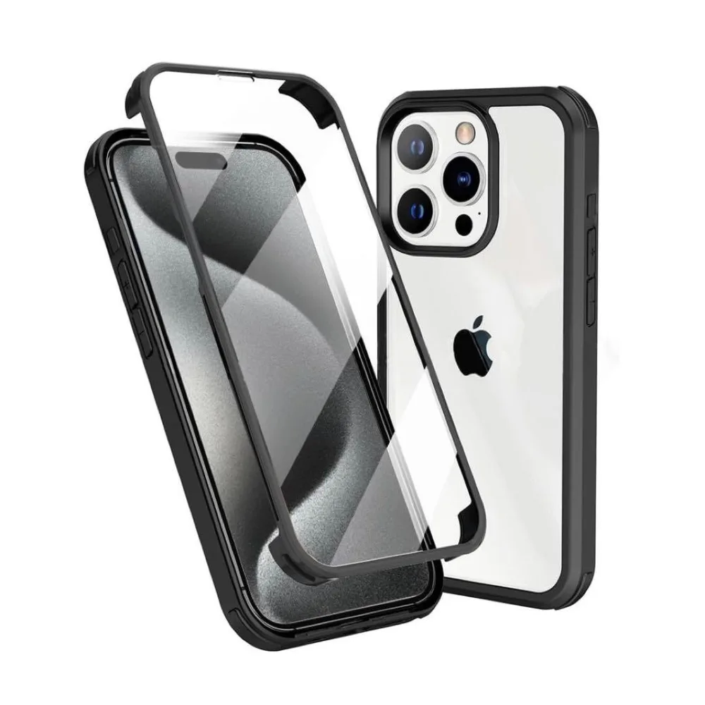 iPhone15 Pro ケース 両面透明 前面ガラス+背面PCプレート