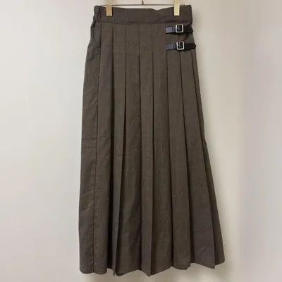 オリーブデオリーブ チェック柄 ロングプリーツスカート ベルト付き ブラウン F
