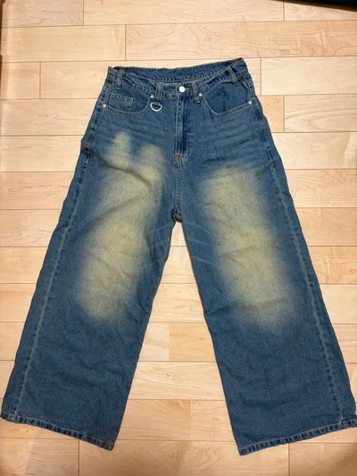 ワイドデニムパンツ ウォッシュ加工 Lサイズ