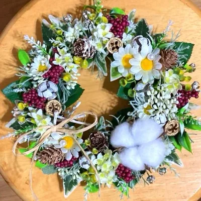 コットンフラワー 木の実 造花リース ハンドメイド 直径約23㌢ 匿名配送