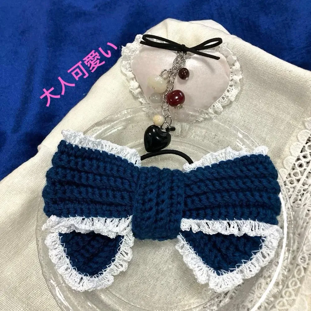ヘアゴム リボン フリル ハンドメイド(青緑) かぎ針編み(2本どり)送料無料