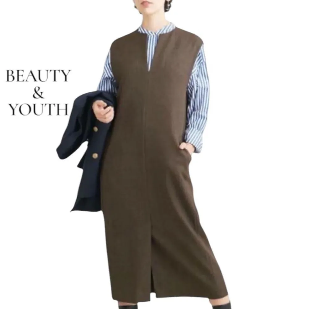 BEAUTY&YOUTH キーネック ジャンパースカート ブラウン M
