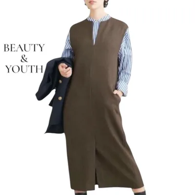 BEAUTY&YOUTH キーネック ジャンパースカート ブラウン M