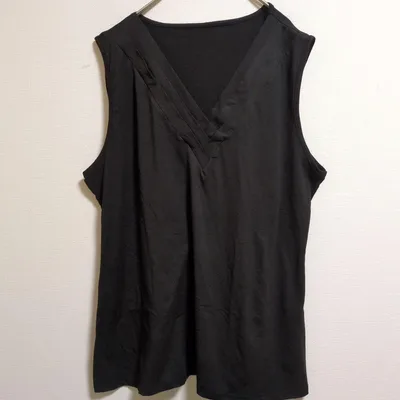 ノーブランド カットソー Vネック ノースリ無地 ビッグ黒 ポリ 3XL