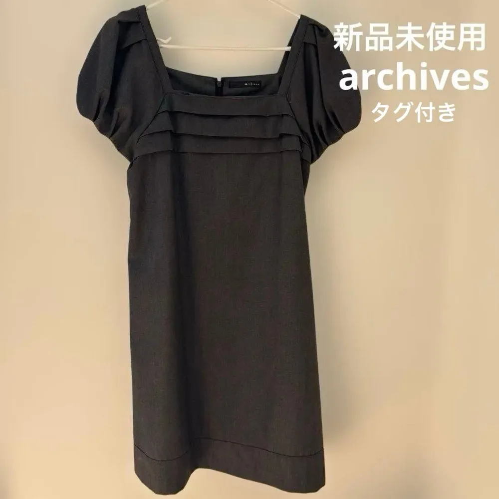 archives スクエアネック 半袖ワンピース グレー