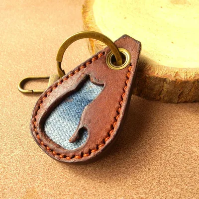 猫 デニム レザーキーホルダー ハンドメイド