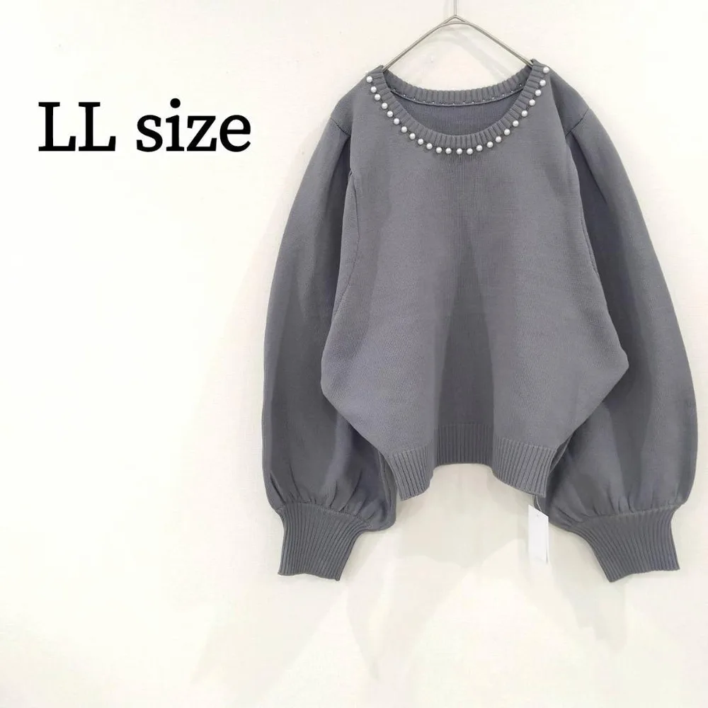 【新品】ネックパール付き ニット セーター 長袖 ボリューム袖 XL