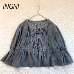 イング 七分袖リボンブラウス(M)デニム調 コットン フェミニン ティアード