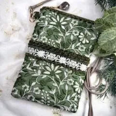 スマホショルダー スマホポシェット サコッシュ インド刺繍リボン くすみグリーン