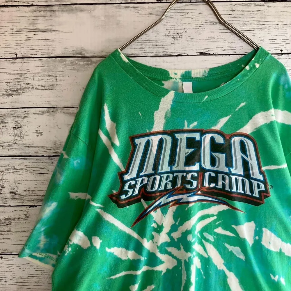 古着 キャンバス Tシャツ メガスポーツキャンプ ブリーチ タイダイ 緑 XL