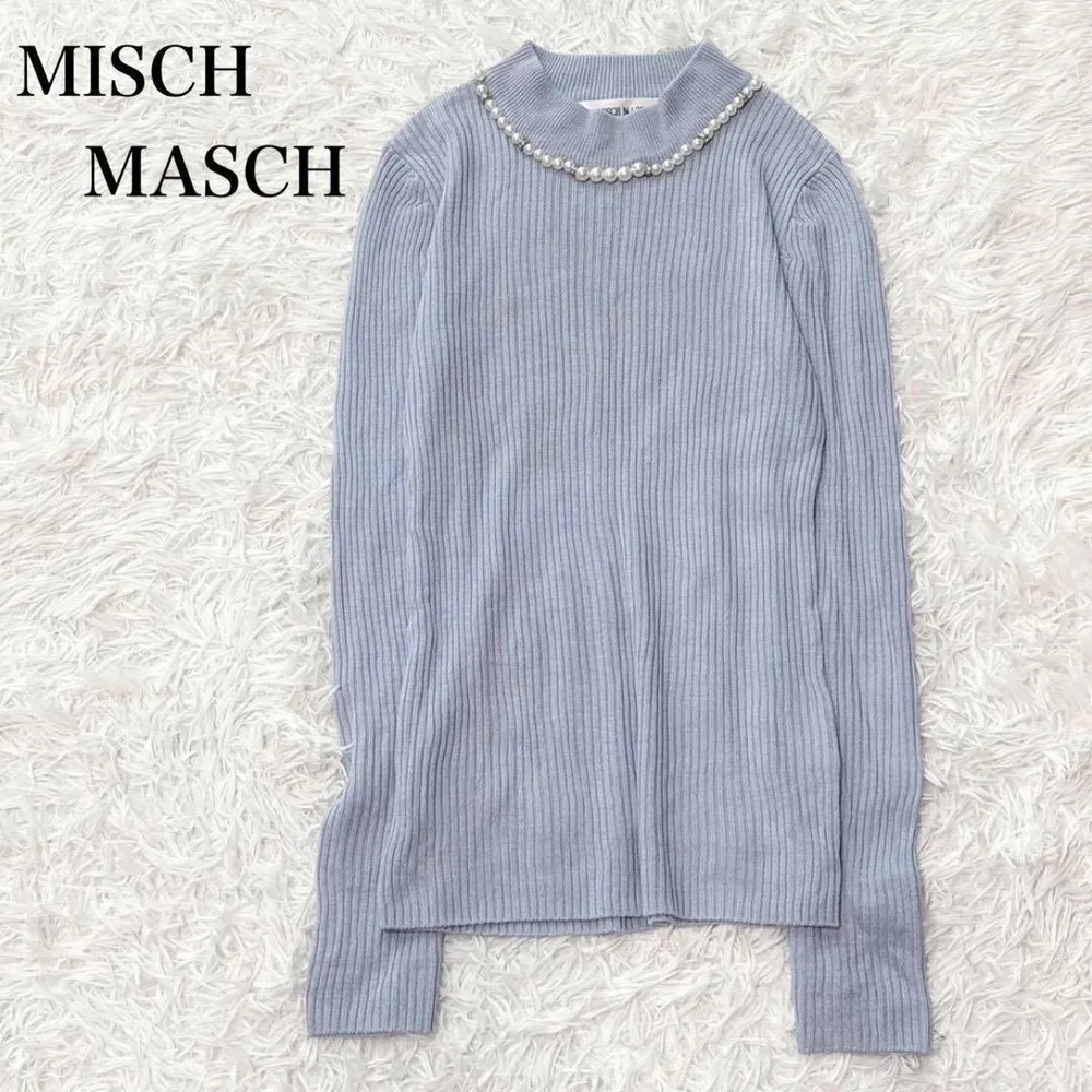 ミッシュマッシュ 長袖リブニット セーター パール付き ハイネック シンプル