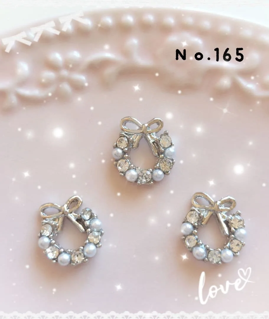 ネイルパーツ 3ピース リボンリース シルバー パール クリスマス デコパーツ