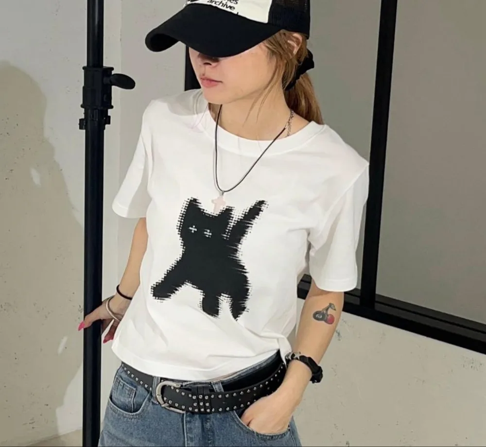 aeae Tシャツ ホワイト 猫プリント