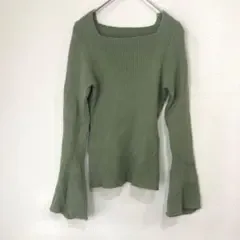 GRL スクエアネック フレアスリーブ リブニットトップス くすみグリーン S