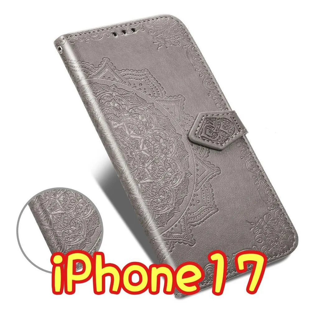 エンボス加工スマホケース 手帳型 iPhone17 グレー ③