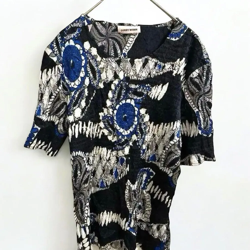 希少 GERRY WEBER スパンコール プリーツ カットソー 伸縮 総柄 L