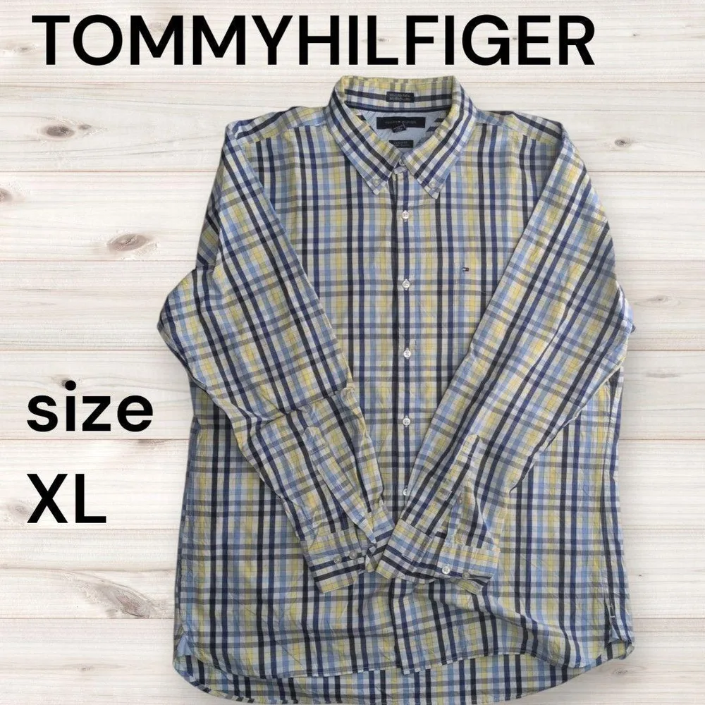 トミーヒルフィガー 長袖 チェック XL ネイビー イエロー ボタンダウン