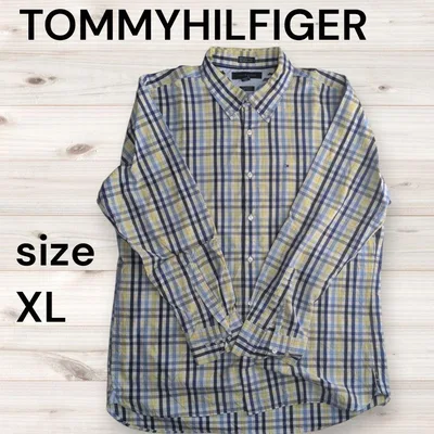 トミーヒルフィガー 長袖 チェック XL ネイビー イエロー ボタンダウン