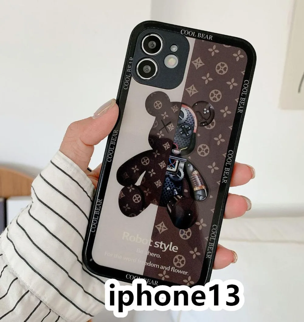 iphone13ケース カバー 背面強化ガラス 璃熊 茶色