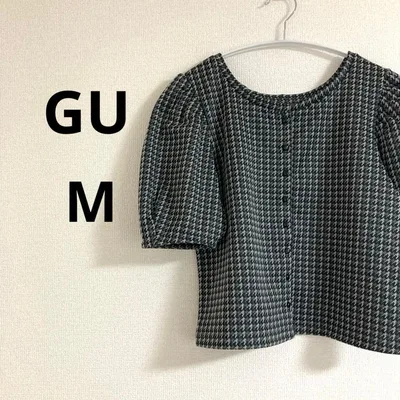 GU ジーユー レディース 半袖 ブラウス シャツ チェック柄 千鳥柄 ブラック