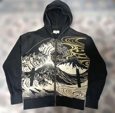 美品 絡繰魂 ジップパーカー M 和柄 浮世絵 葛飾北斎 波 富士山 黒 紐欠品