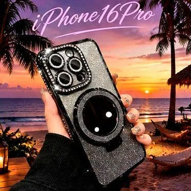 iPhone16Pro ケース ブラック グリッター リング MagSafe対応