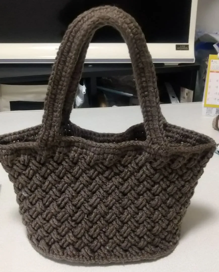 ハンドメイド☆バスケット模様編みトートバッグ☆かぎ針編み