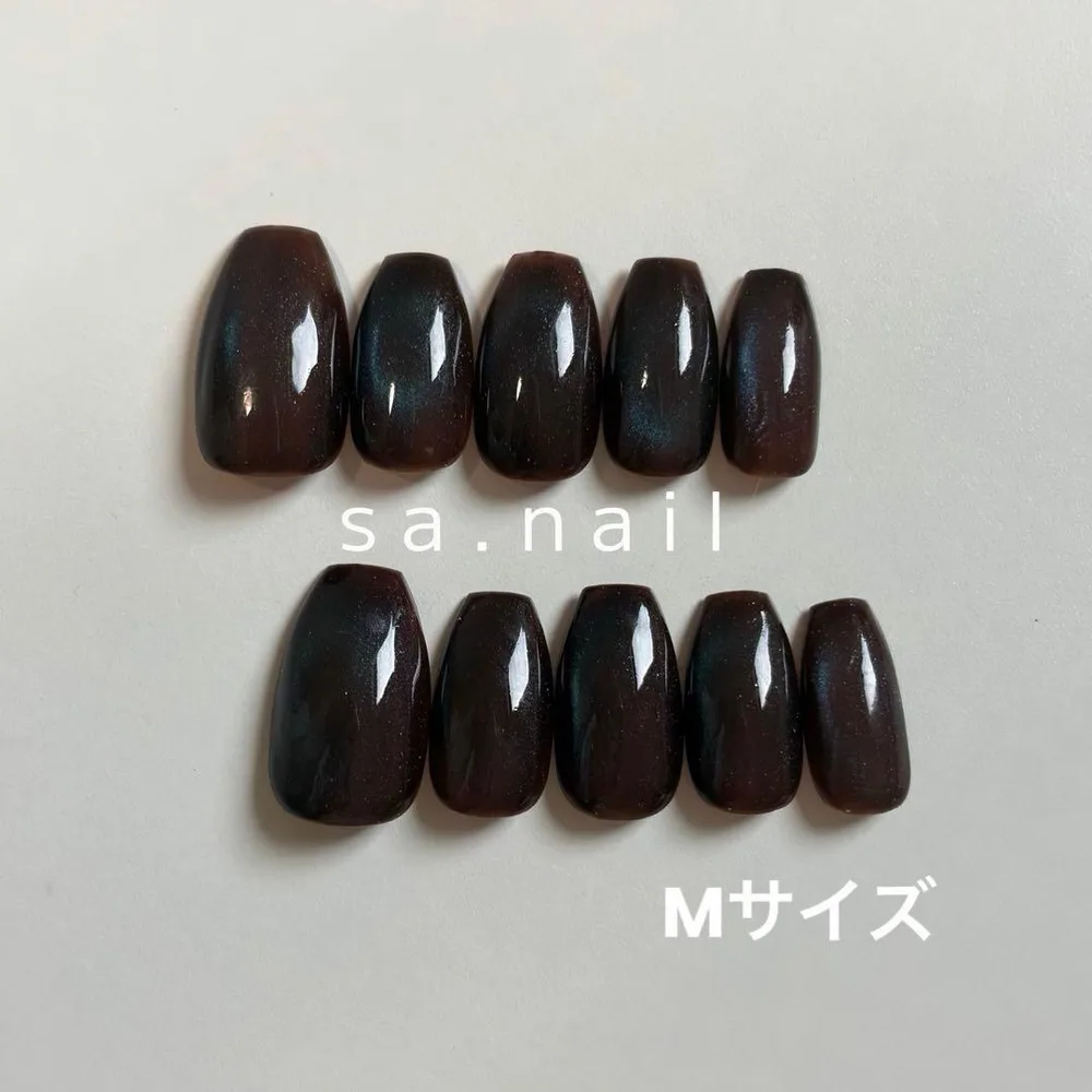 【現品】ブルー ブラウン マグネット ネイルチップ シンプル Mサイズ 136