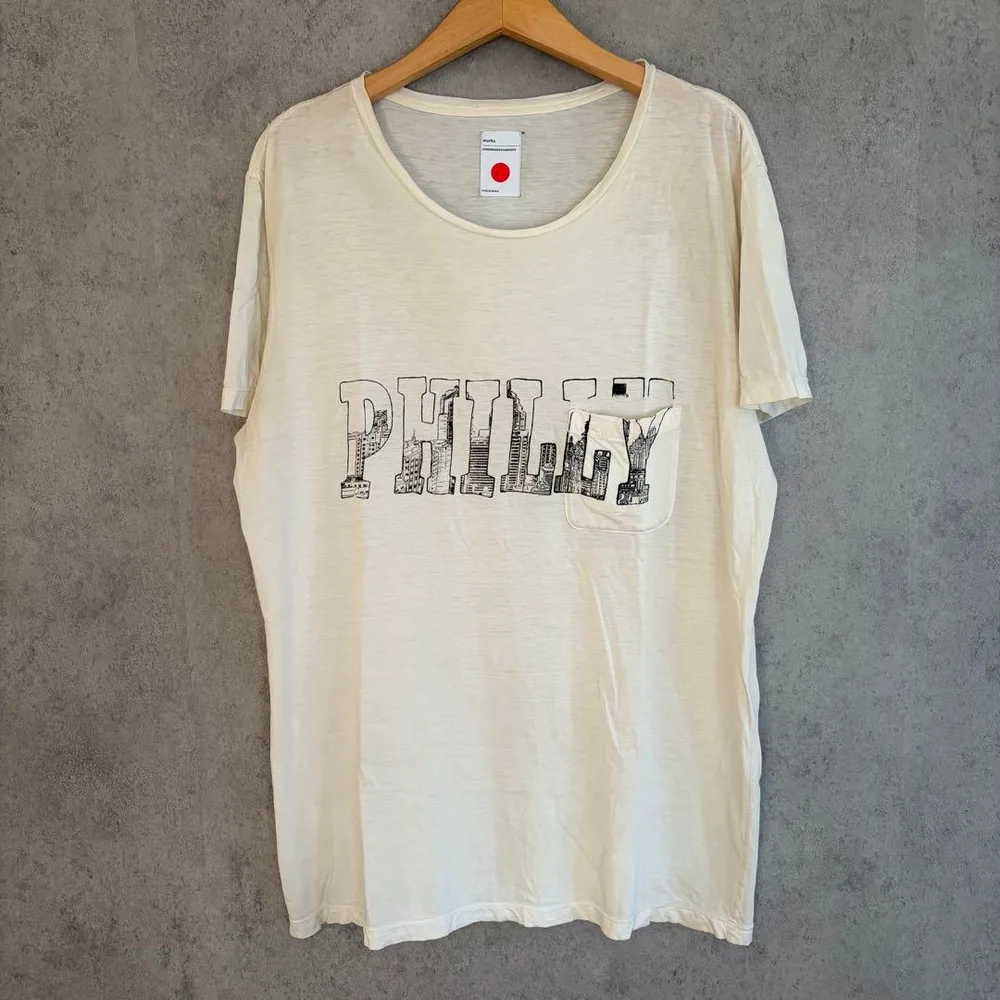 marka PHILLYプリント Tシャツ ホワイト 日本製 M ダメージ