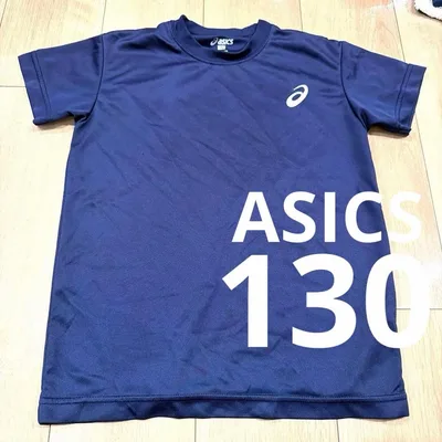 【美品】アシックス 130cm ジュニア 半袖 Tシャツ ロゴ ネイビー 紺