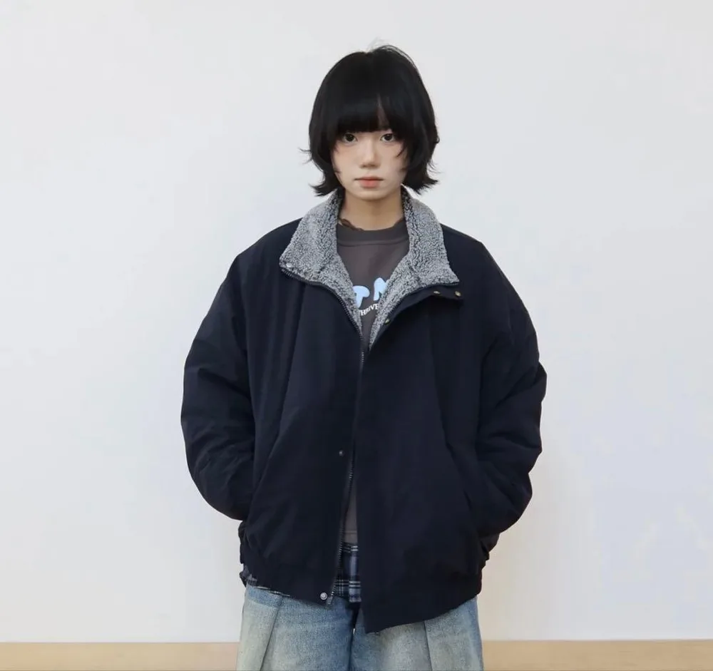NNine スタンドカラー ボア裏地 ネイビー中綿ジャケット Lサイズ