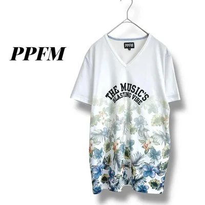 美品✨【ピーピーエフエム】 Tシャツ 半袖 Vネック 花柄 総柄 英字ロゴ M