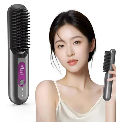 コードレス ヘアアイロン ヒートブラシ マイナスイオン グレー 3段階 持ち運び