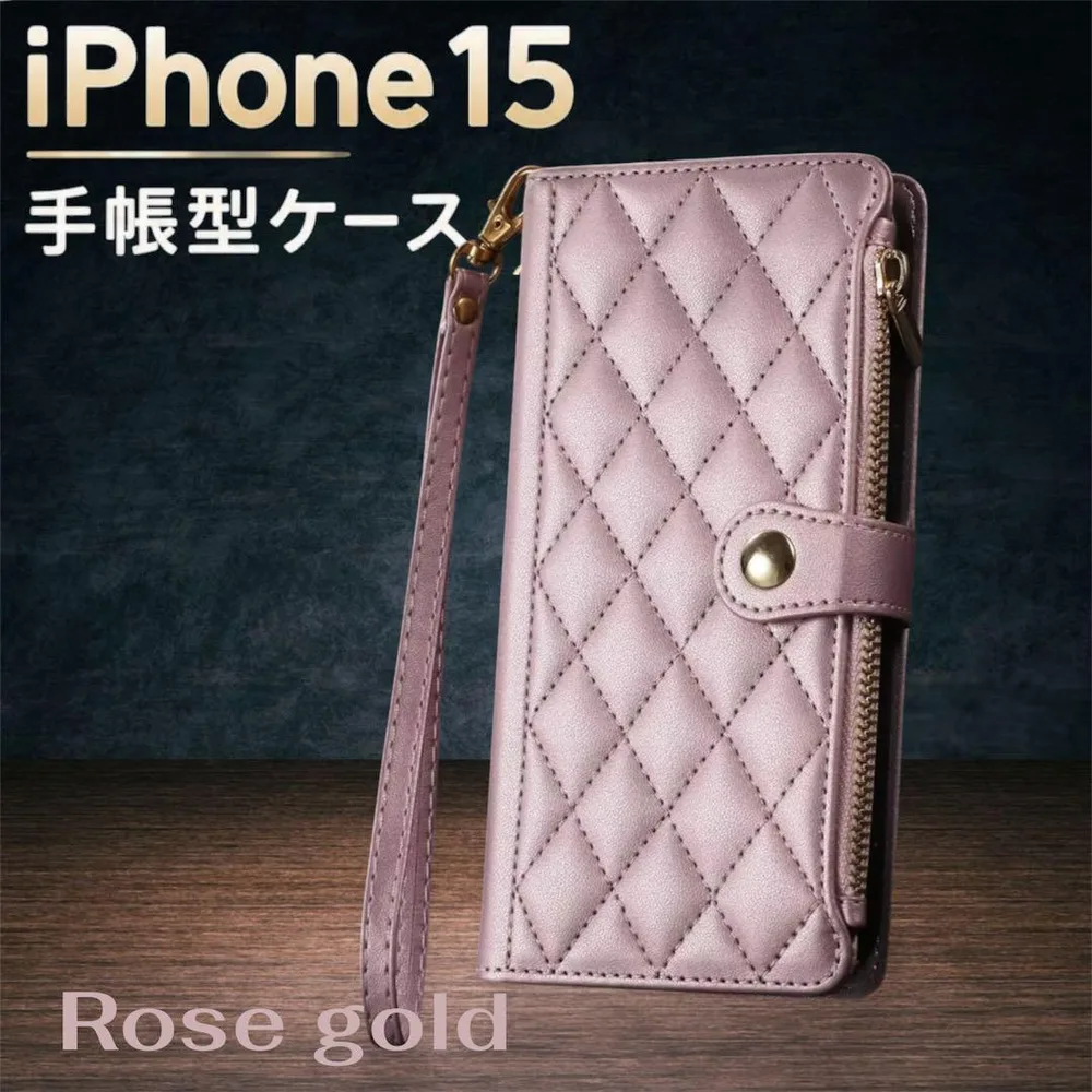 手帳型 iPhone15 ケース ピンク ハンドストラップ キルティング 財布