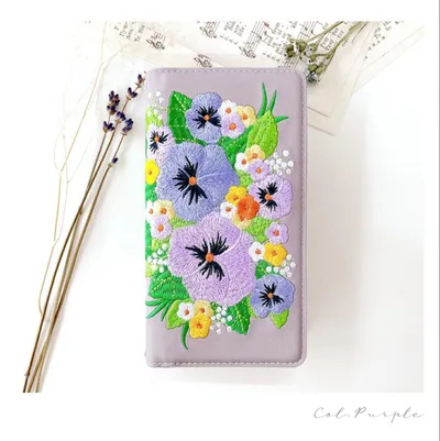 Galaxy A54 5G パンジー刺繍 手帳型スマホケース パープル