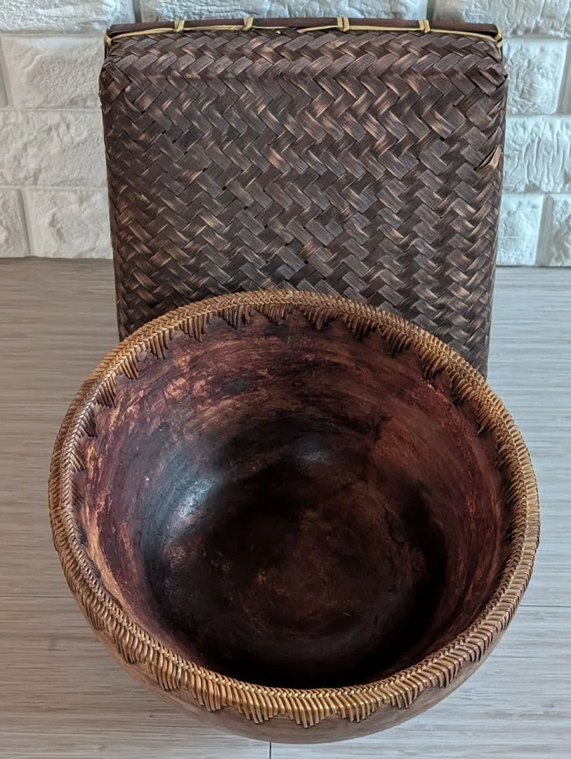 美品 竹編み蓋付きバスケットと木製ボウルセット
