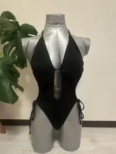 ワンピース水着 ブラック リブ素材 ホルターネック