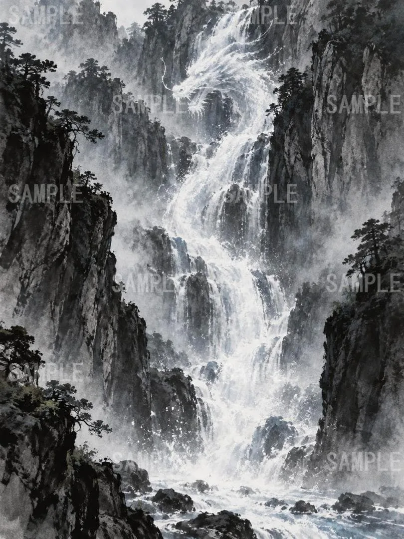白龍が滝となって険しい岩山の断崖を流れ落ちる幻想的な水墨画風イラスト e1