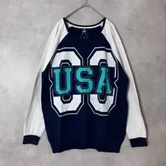 USAロゴ スウェット ラグラン ネイビー×ホワイト XL 薄手 トレーナー