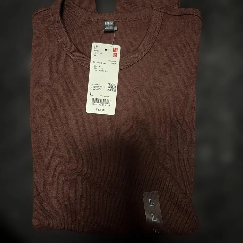 UNIQLO ソフトリブT 長袖 ダークブラウン L