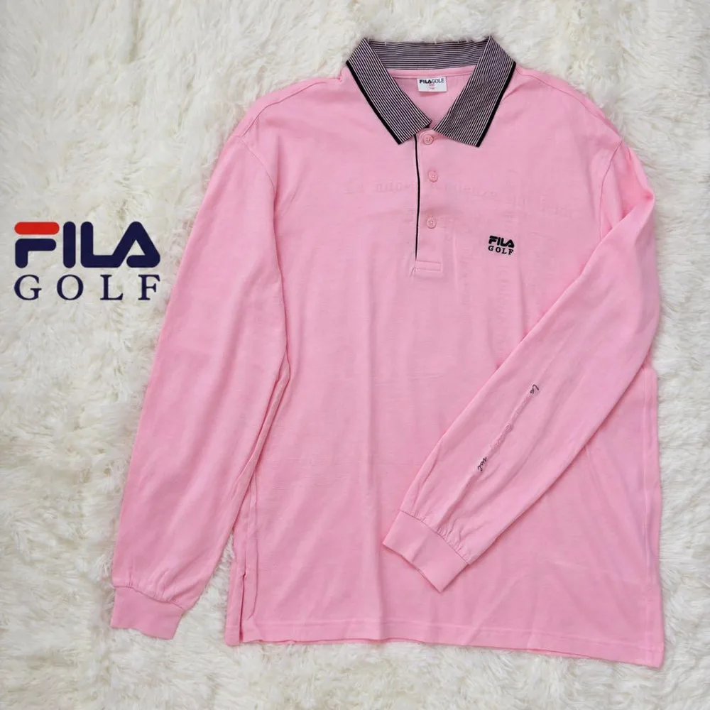 FILA GOLF 長袖ポロシャツ メンズ ピンク 韓国製 ロゴ刺繍 ゴルフ L