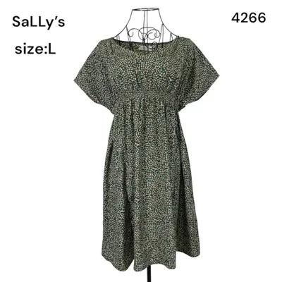 SaLLy's 小花柄 チュニック トップス 半袖 グリーン L かわいい